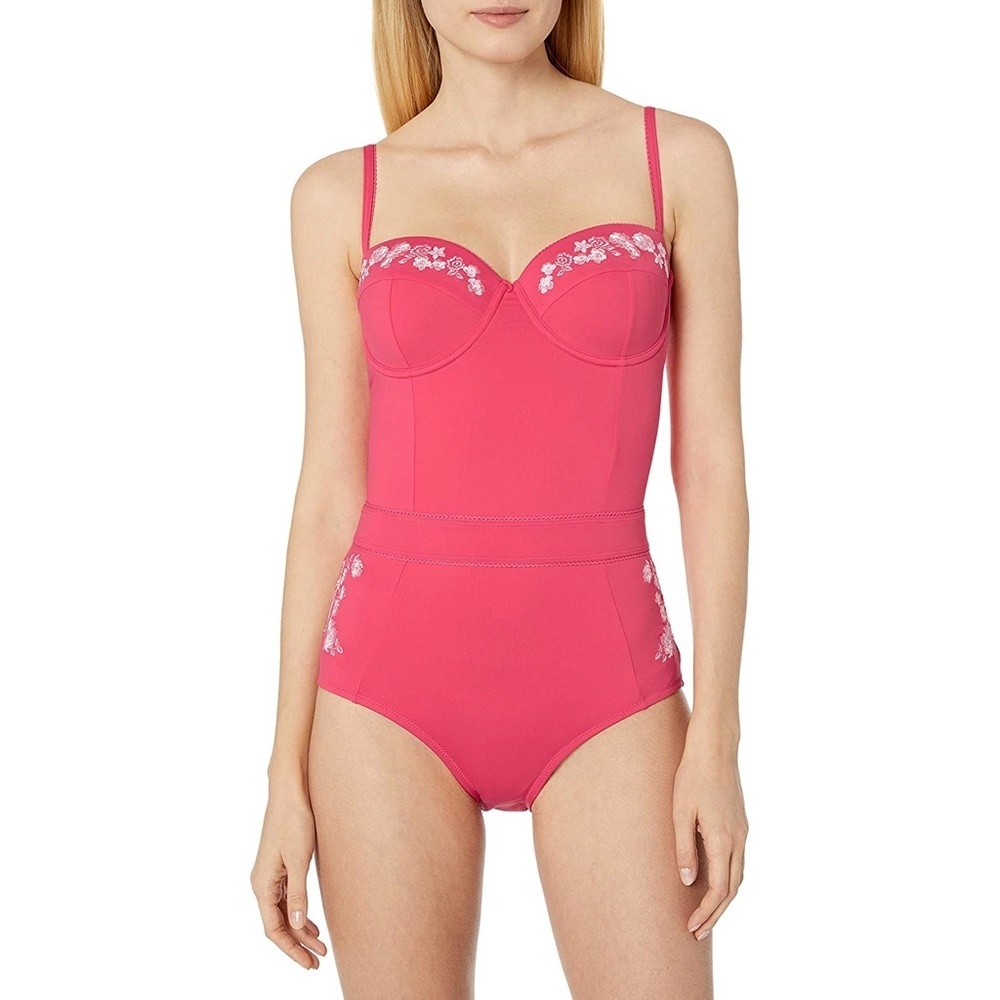 Johnny Was Pink and White Embroidered One-Piece Swimsuit